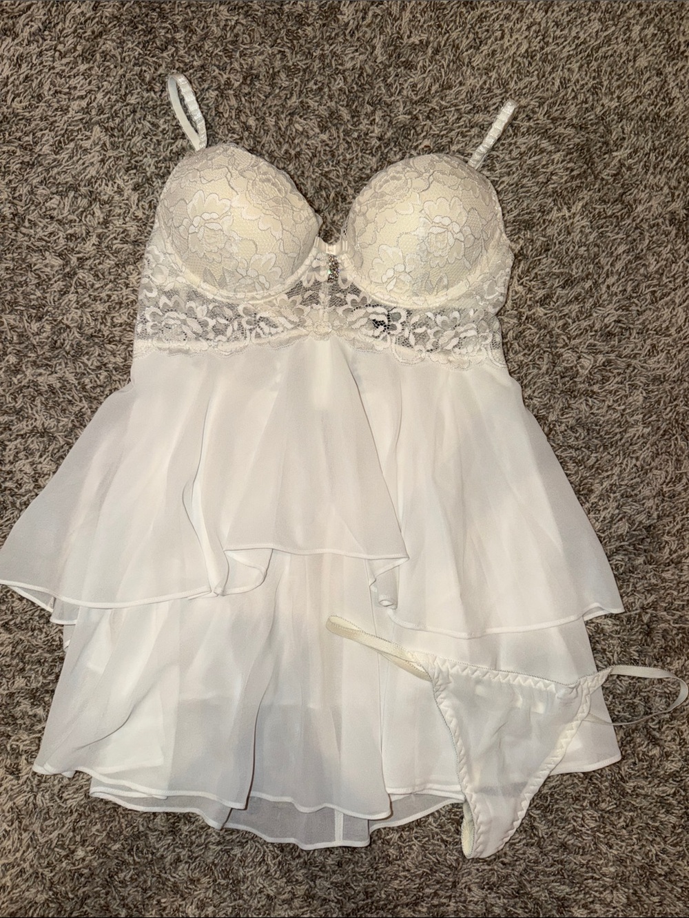 Sheer Ivory Lace Babydoll Chemise with Matching Thong